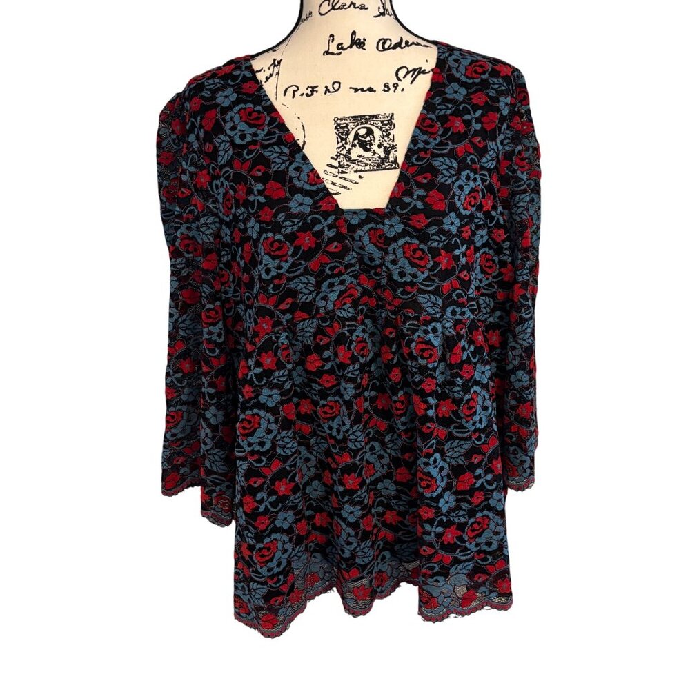 Suzanne Betro Weekends Floral Lace Lined Blouse Sz 1X Empire Waist Scalloped Edg